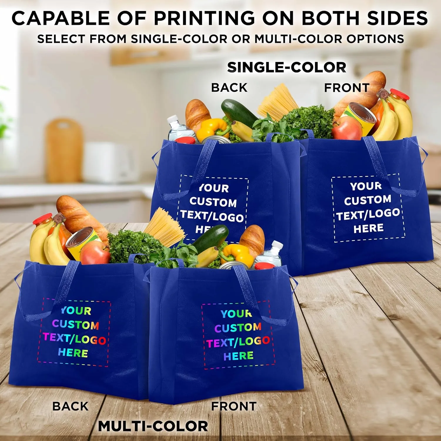 DISCOUNT PROMOS Custom Jumbo Sized Tote Bags Set of 100, Personalized Bulk Pack - Reusable Grocery Bags, Shopping Bags, Promotional Item Totes for Women - Blue