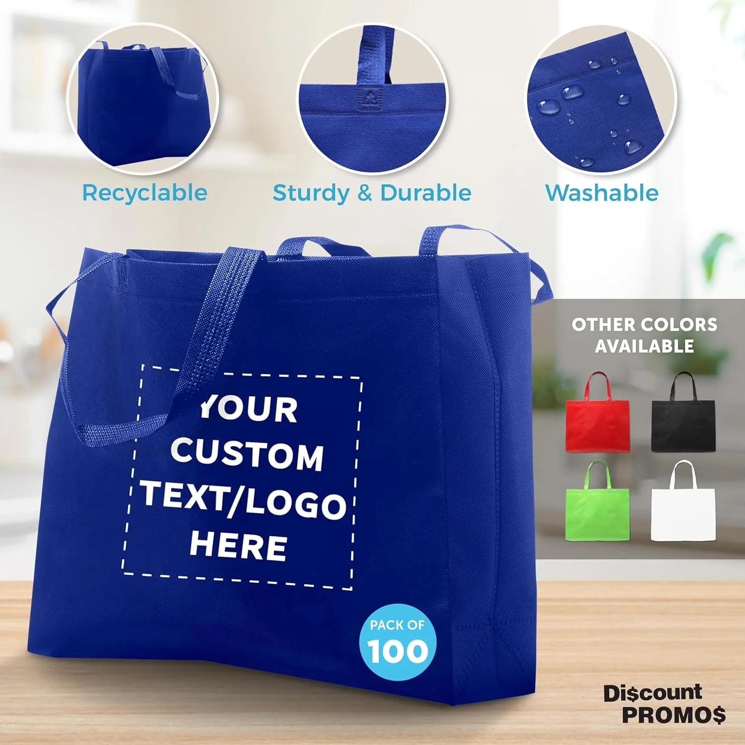 DISCOUNT PROMOS Custom Jumbo Sized Tote Bags Set of 100, Personalized Bulk Pack - Reusable Grocery Bags, Shopping Bags, Promotional Item Totes for Women - Blue