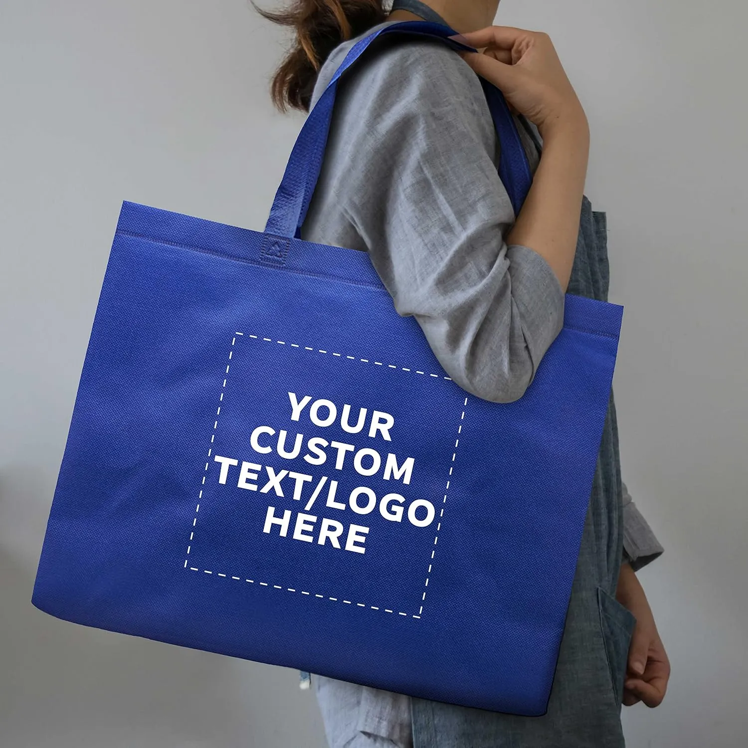 DISCOUNT PROMOS Custom Jumbo Sized Tote Bags Set of 100, Personalized Bulk Pack - Reusable Grocery Bags, Shopping Bags, Promotional Item Totes for Women - Blue