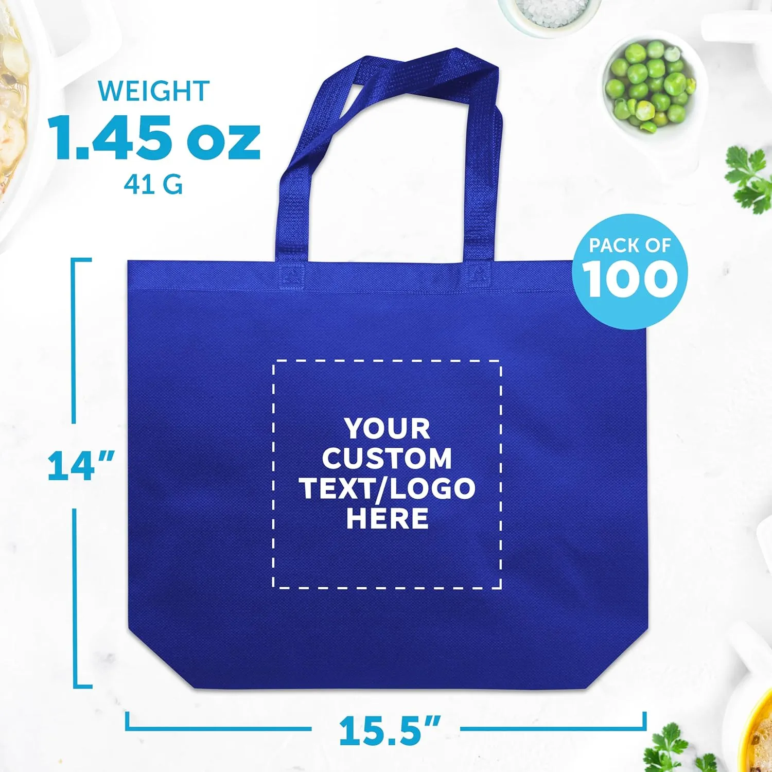 DISCOUNT PROMOS Custom Jumbo Sized Tote Bags Set of 100, Personalized Bulk Pack - Reusable Grocery Bags, Shopping Bags, Promotional Item Totes for Women - Blue