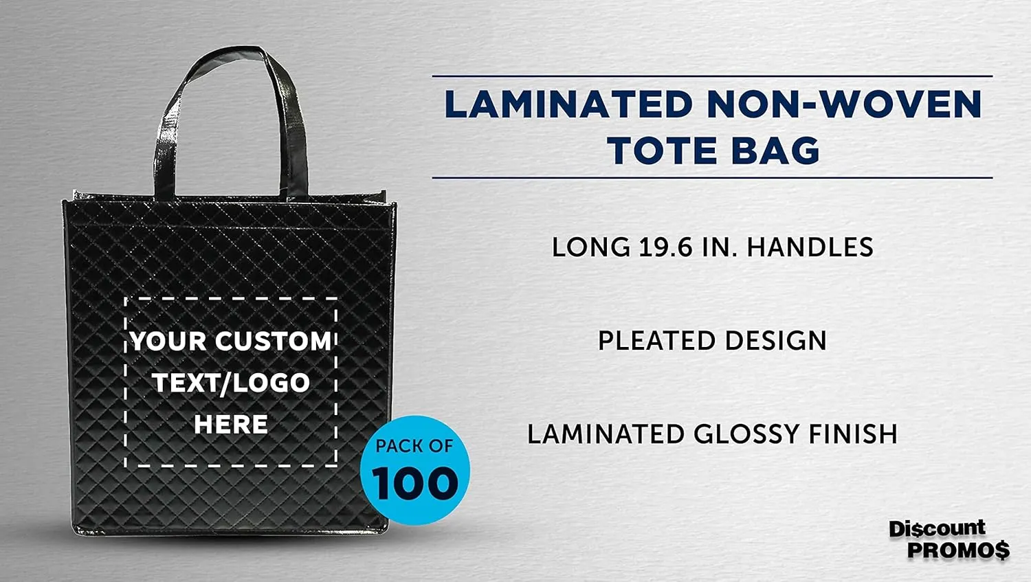 DISCOUNT PROMOS Custom Luxurious Laminated Tote Bags Set of 100, Personalized Bulk Pack - Reusable, Great for Shopping, Beach, Wedding Favors - Black