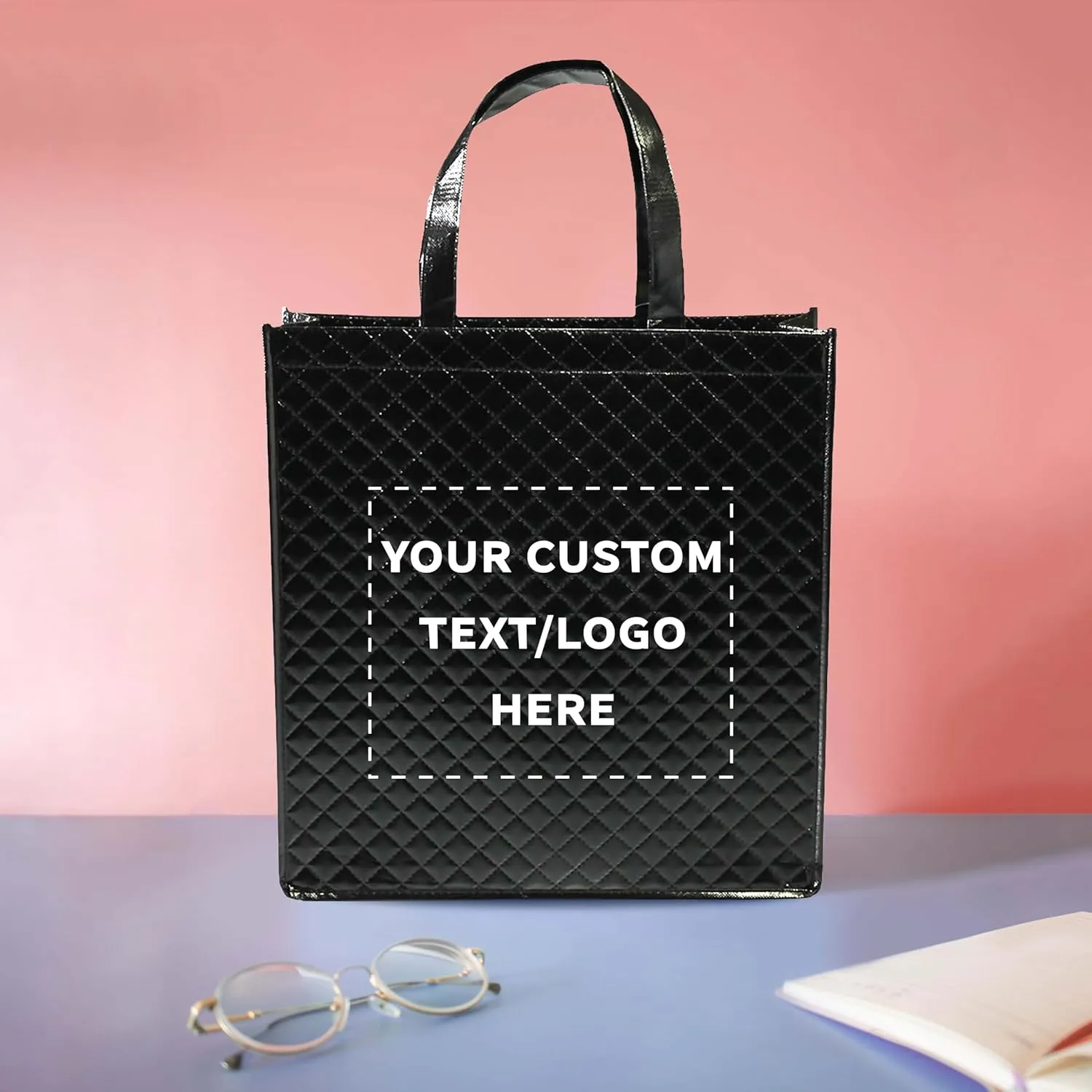 DISCOUNT PROMOS Custom Luxurious Laminated Tote Bags Set of 100, Personalized Bulk Pack - Reusable, Great for Shopping, Beach, Wedding Favors - Black
