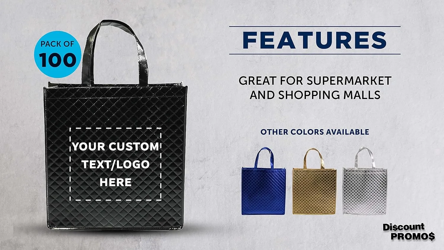 DISCOUNT PROMOS Custom Luxurious Laminated Tote Bags Set of 100, Personalized Bulk Pack - Reusable, Great for Shopping, Beach, Wedding Favors - Black