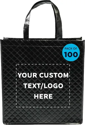 DISCOUNT PROMOS Custom Luxurious Laminated Tote Bags Set of 100, Personalized Bulk Pack - Reusable, Great for Shopping, Beach, Wedding Favors - Black