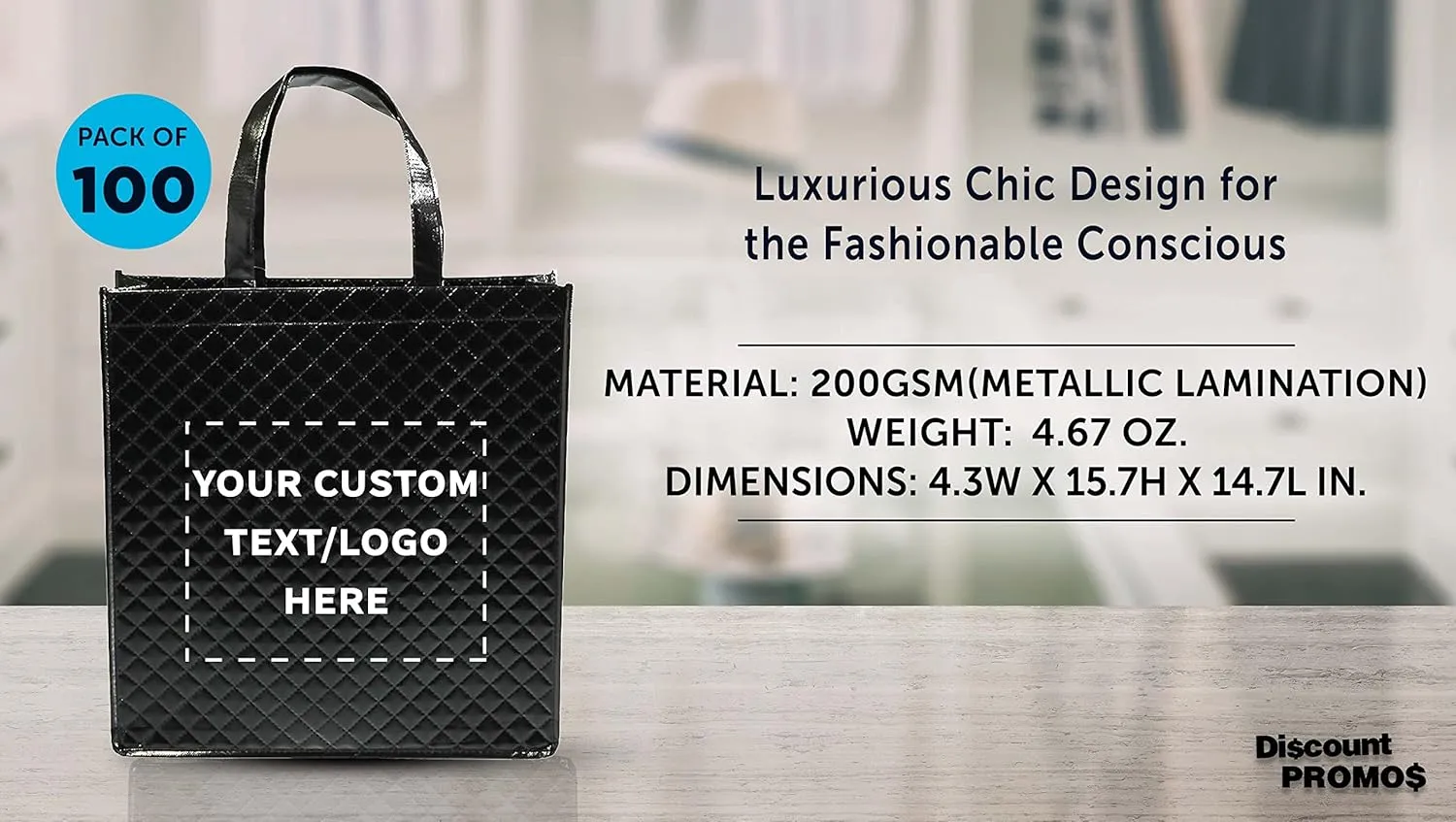 DISCOUNT PROMOS Custom Luxurious Laminated Tote Bags Set of 100, Personalized Bulk Pack - Reusable, Great for Shopping, Beach, Wedding Favors - Black