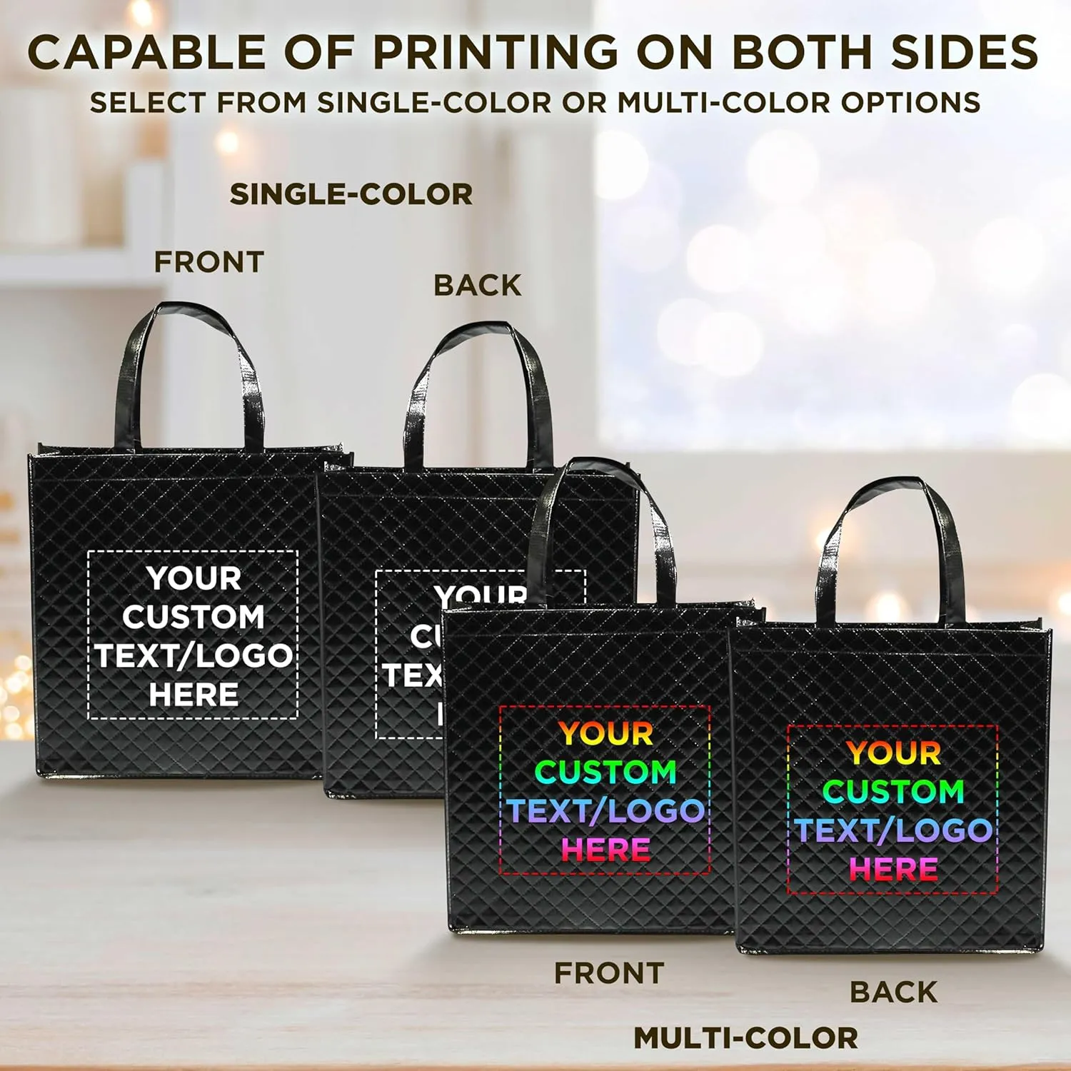 DISCOUNT PROMOS Custom Luxurious Laminated Tote Bags Set of 100, Personalized Bulk Pack - Reusable, Great for Shopping, Beach, Wedding Favors - Black