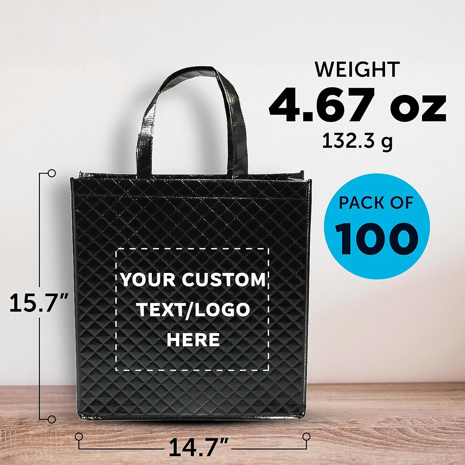 DISCOUNT PROMOS Custom Luxurious Laminated Tote Bags Set of 100, Personalized Bulk Pack - Reusable, Great for Shopping, Beach, Wedding Favors - Black