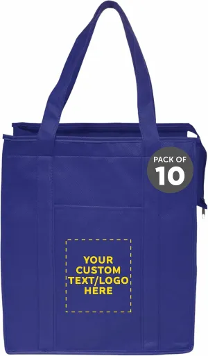 DISCOUNT PROMOS Custom Non-Woven Insulated Tote Bags Set of 10, Personalized Bulk Pack - Reusable, Great for Picnic, Camping, Beach, Outdoor Activities - Reflex Blue