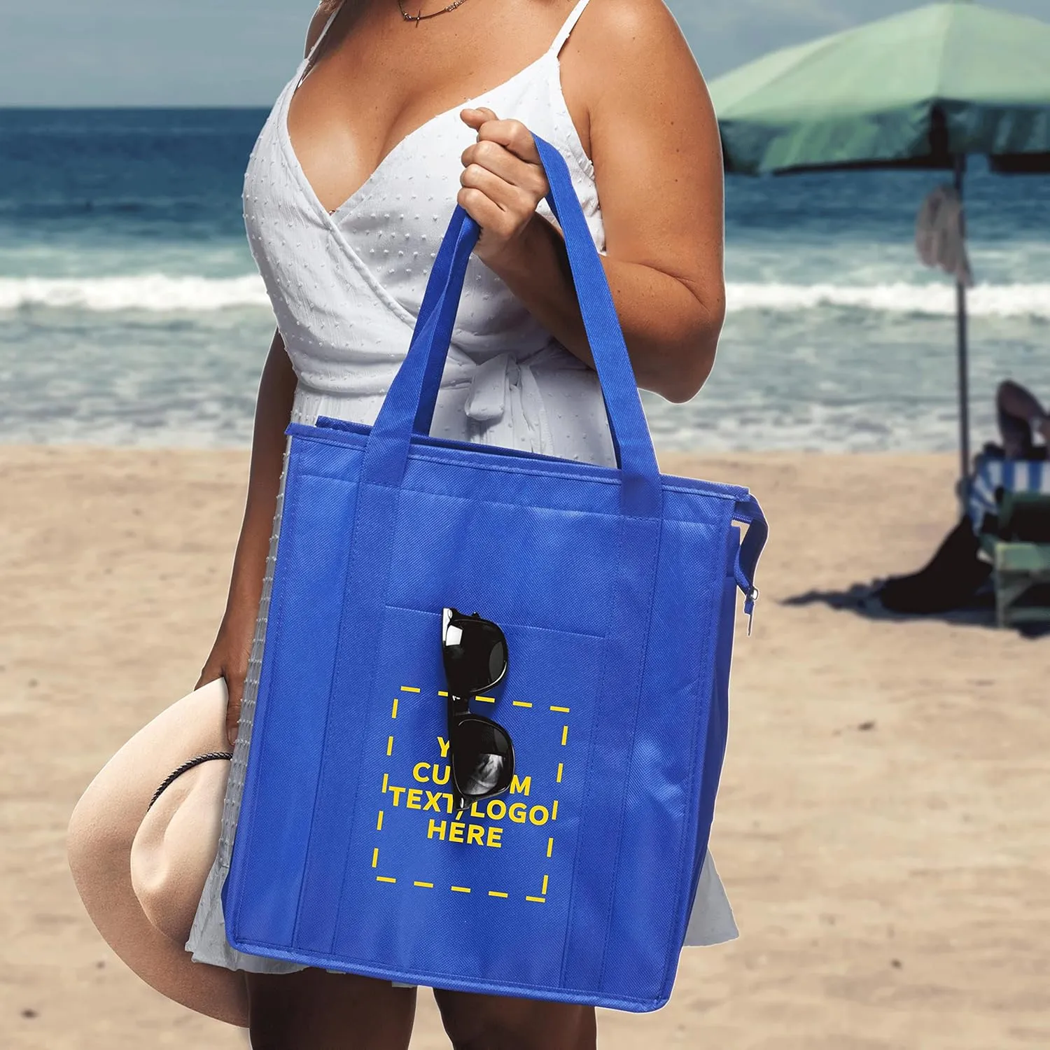 DISCOUNT PROMOS Custom Non-Woven Insulated Tote Bags Set of 10, Personalized Bulk Pack - Reusable, Great for Picnic, Camping, Beach, Outdoor Activities - Reflex Blue