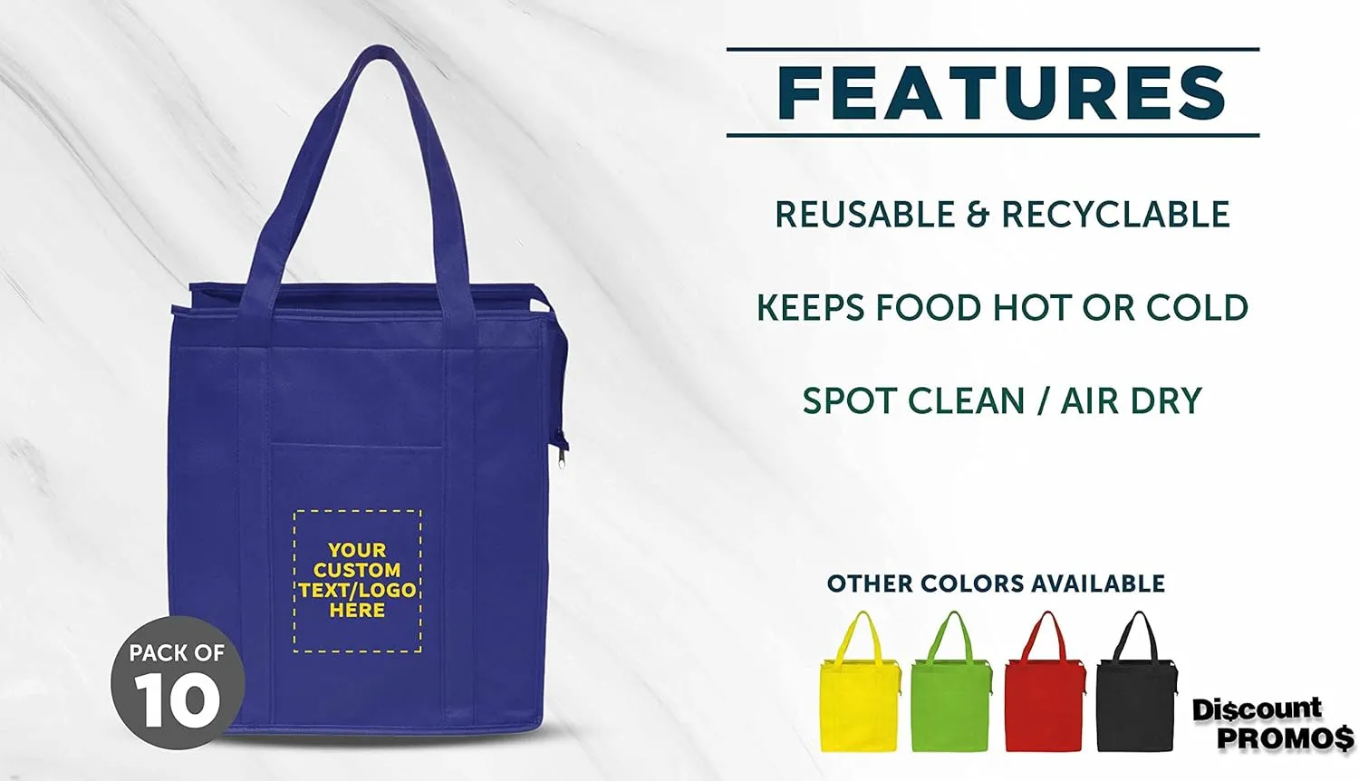 DISCOUNT PROMOS Custom Non-Woven Insulated Tote Bags Set of 10, Personalized Bulk Pack - Reusable, Great for Picnic, Camping, Beach, Outdoor Activities - Reflex Blue