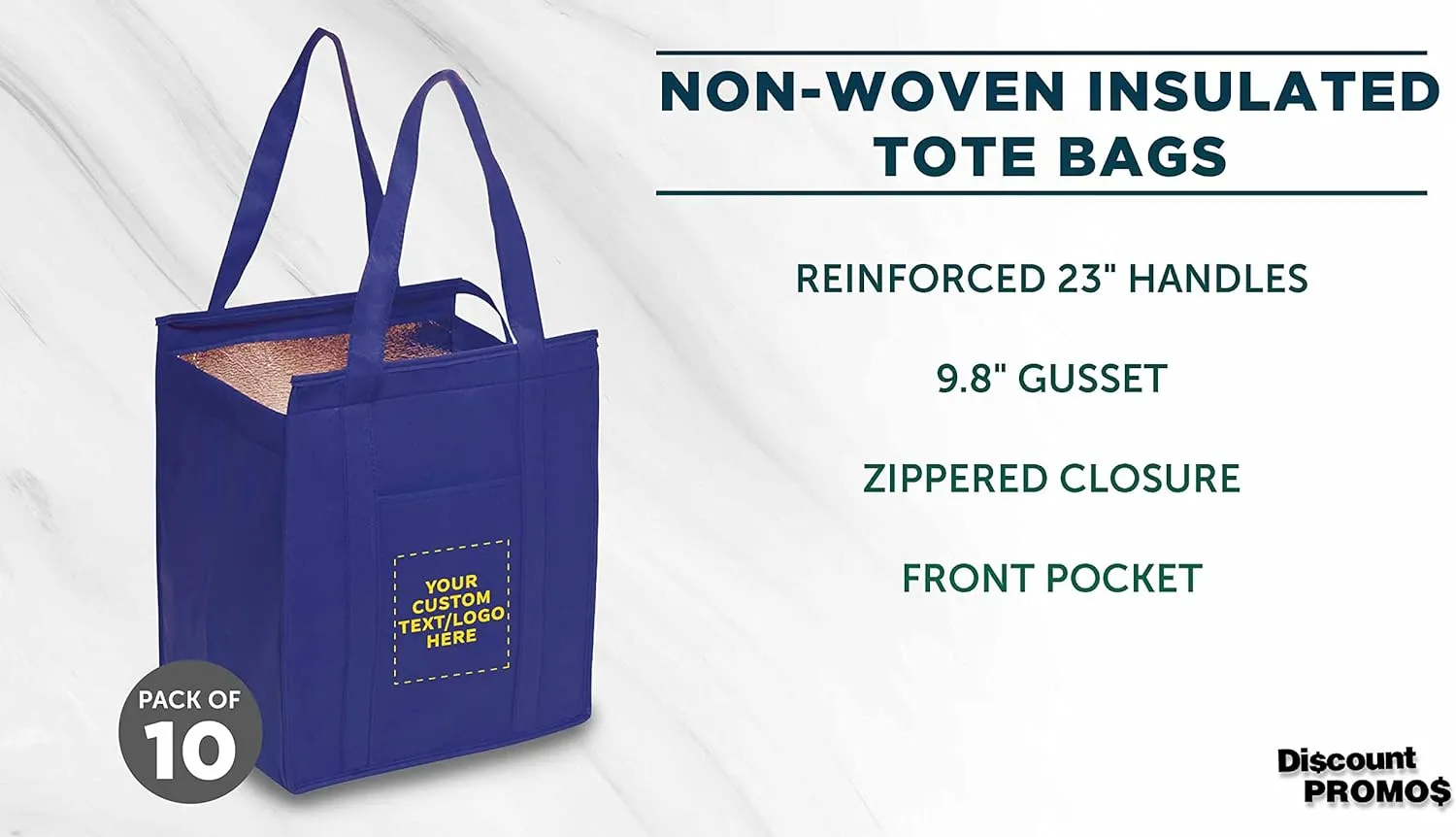 DISCOUNT PROMOS Custom Non-Woven Insulated Tote Bags Set of 10, Personalized Bulk Pack - Reusable, Great for Picnic, Camping, Beach, Outdoor Activities - Reflex Blue