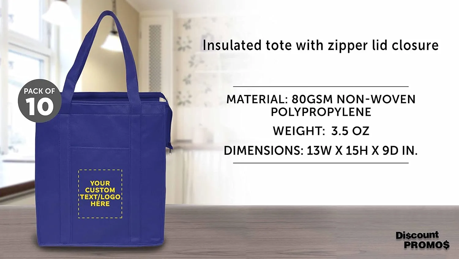 DISCOUNT PROMOS Custom Non-Woven Insulated Tote Bags Set of 10, Personalized Bulk Pack - Reusable, Great for Picnic, Camping, Beach, Outdoor Activities - Reflex Blue