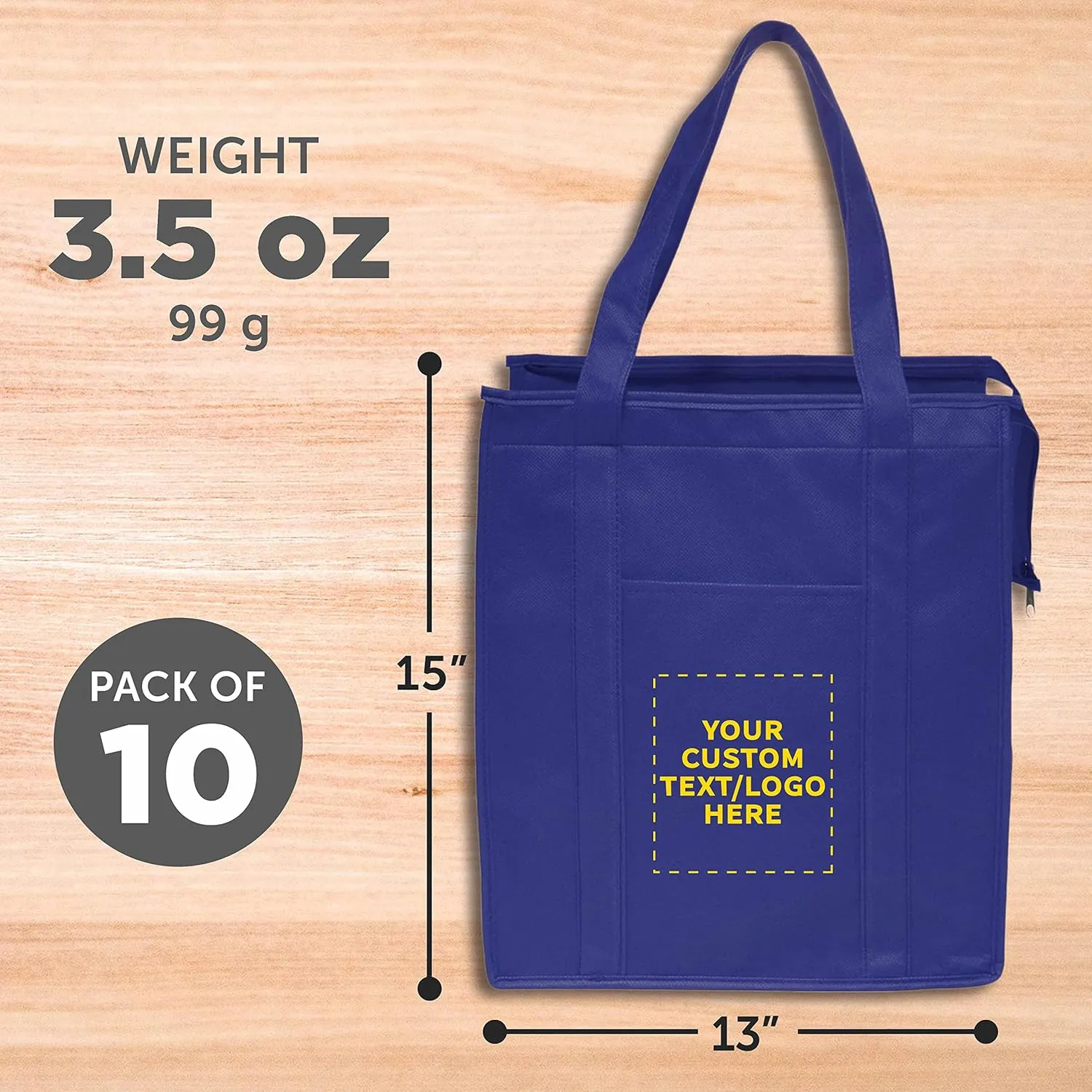 DISCOUNT PROMOS Custom Non-Woven Insulated Tote Bags Set of 10, Personalized Bulk Pack - Reusable, Great for Picnic, Camping, Beach, Outdoor Activities - Reflex Blue