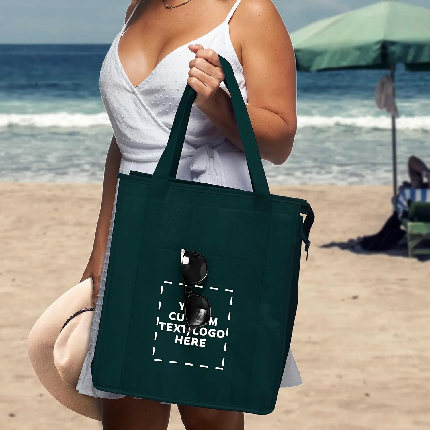 DISCOUNT PROMOS Custom Non-Woven Insulated Tote Bags Set of 50, Personalized Bulk Pack - Reusable, Great for Picnic, Camping, Beach, Outdoor Activities - Forest Green