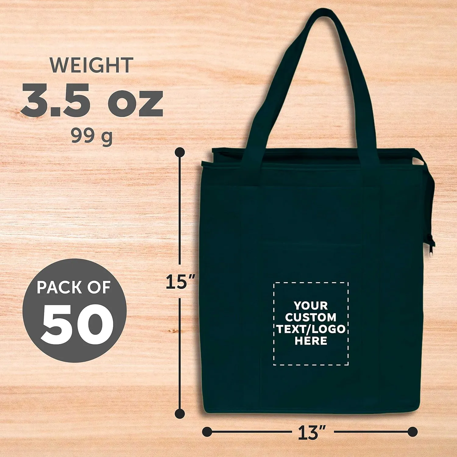 DISCOUNT PROMOS Custom Non-Woven Insulated Tote Bags Set of 50, Personalized Bulk Pack - Reusable, Great for Picnic, Camping, Beach, Outdoor Activities - Forest Green