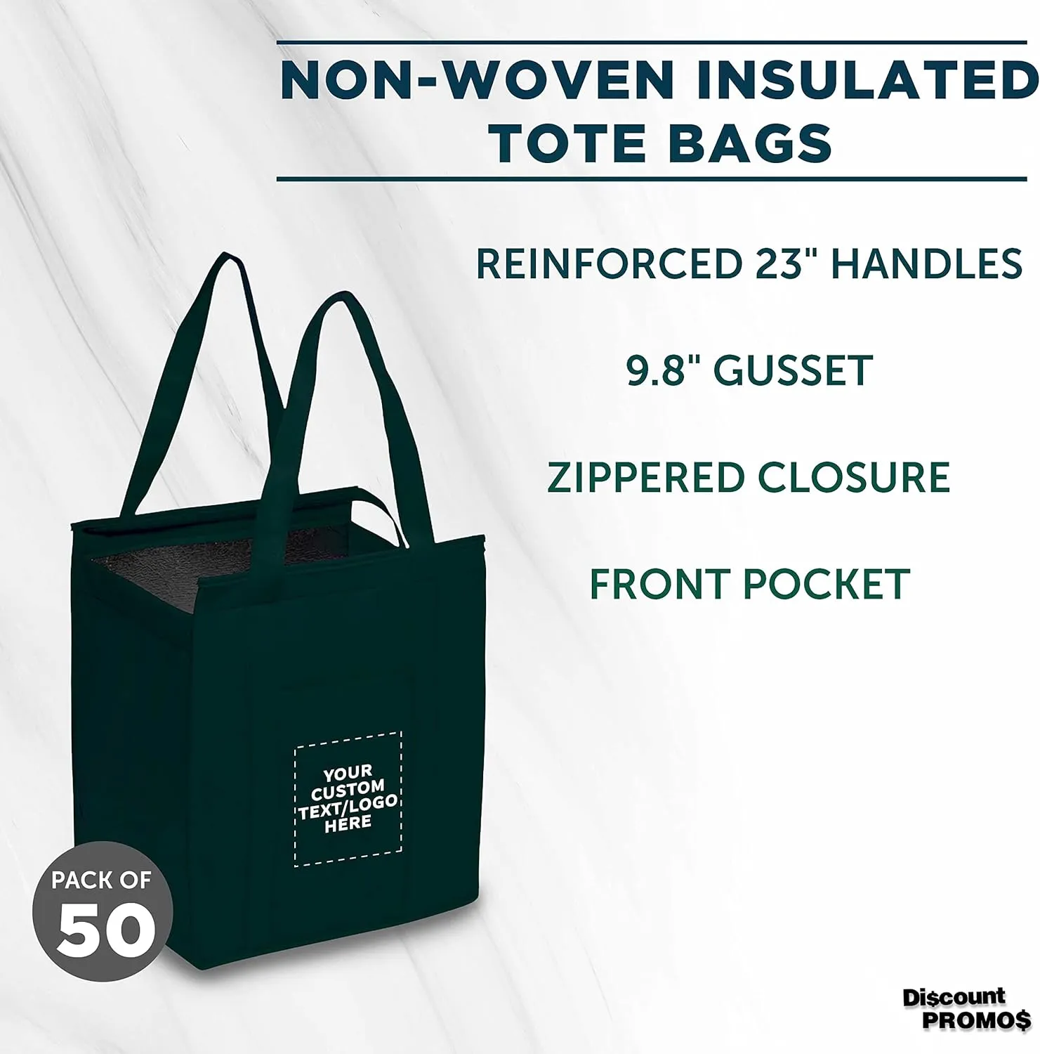 DISCOUNT PROMOS Custom Non-Woven Insulated Tote Bags Set of 50, Personalized Bulk Pack - Reusable, Great for Picnic, Camping, Beach, Outdoor Activities - Forest Green