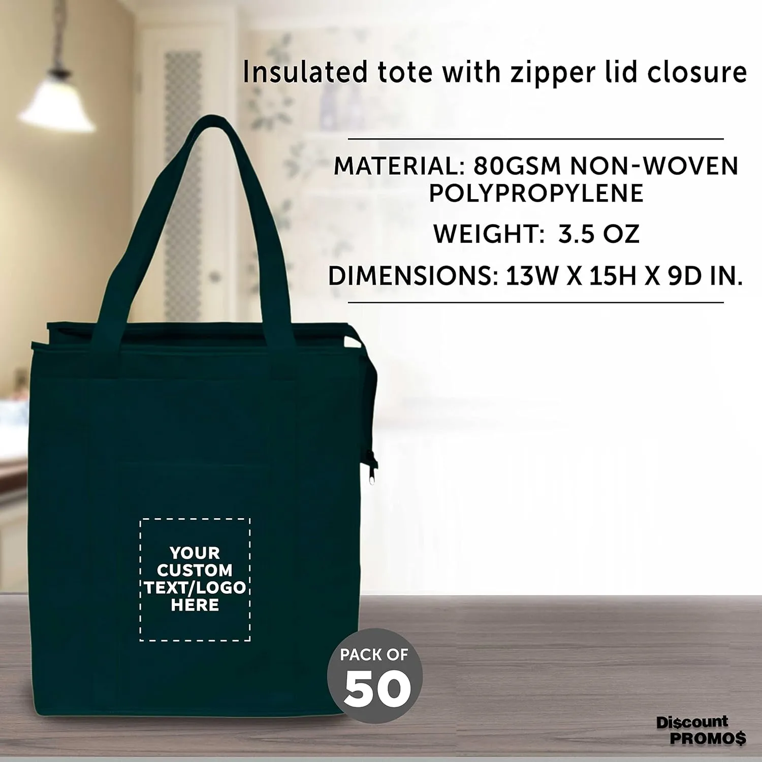 DISCOUNT PROMOS Custom Non-Woven Insulated Tote Bags Set of 50, Personalized Bulk Pack - Reusable, Great for Picnic, Camping, Beach, Outdoor Activities - Forest Green