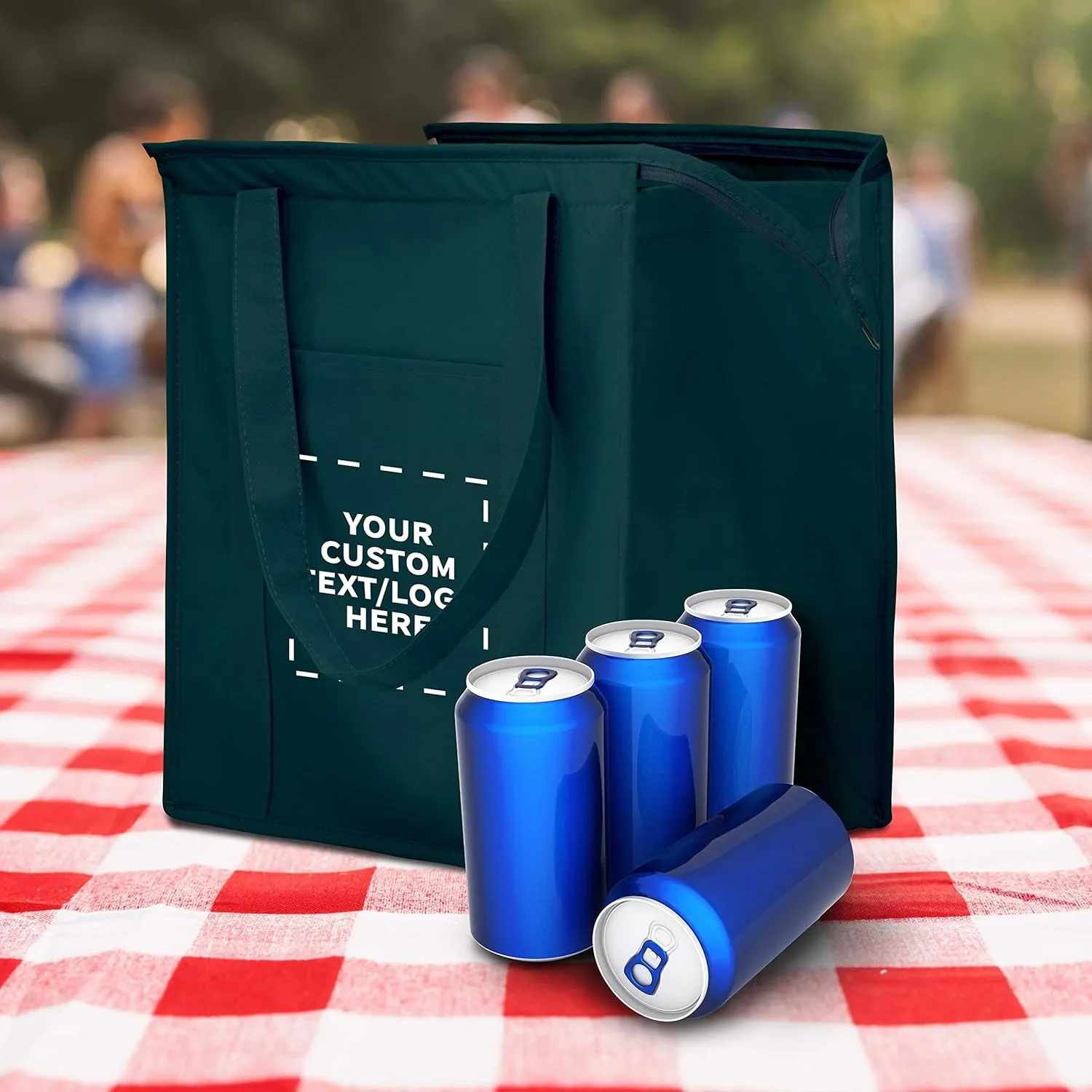 DISCOUNT PROMOS Custom Non-Woven Insulated Tote Bags Set of 50, Personalized Bulk Pack - Reusable, Great for Picnic, Camping, Beach, Outdoor Activities - Forest Green