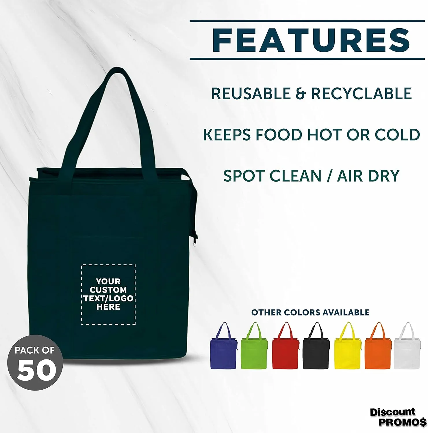 DISCOUNT PROMOS Custom Non-Woven Insulated Tote Bags Set of 50, Personalized Bulk Pack - Reusable, Great for Picnic, Camping, Beach, Outdoor Activities - Forest Green