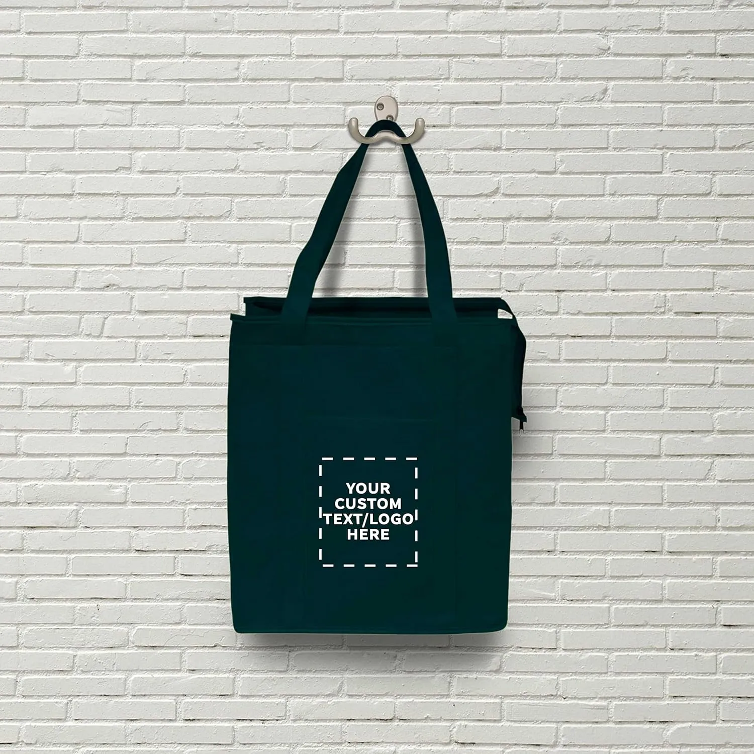 DISCOUNT PROMOS Custom Non-Woven Insulated Tote Bags Set of 50, Personalized Bulk Pack - Reusable, Great for Picnic, Camping, Beach, Outdoor Activities - Forest Green