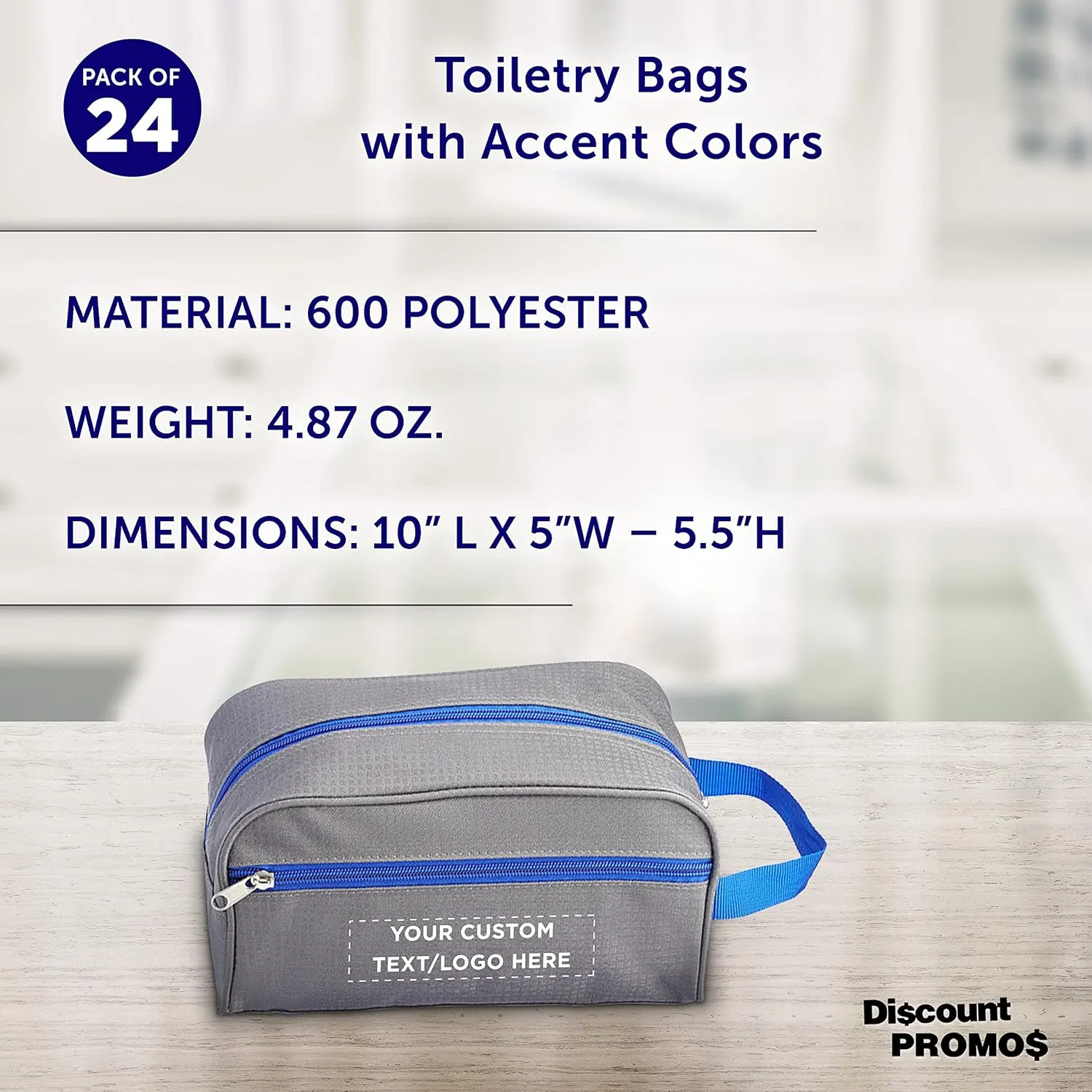 DISCOUNT PROMOS Custom Travel Two Tone Toiletry Bags with Handle Set of 24, Personalized Bulk Pack - Versatile, Bring Everywhere You Go, Perfect for Travelling or Even at Home - Gryblu - 10"X5"X5.5"