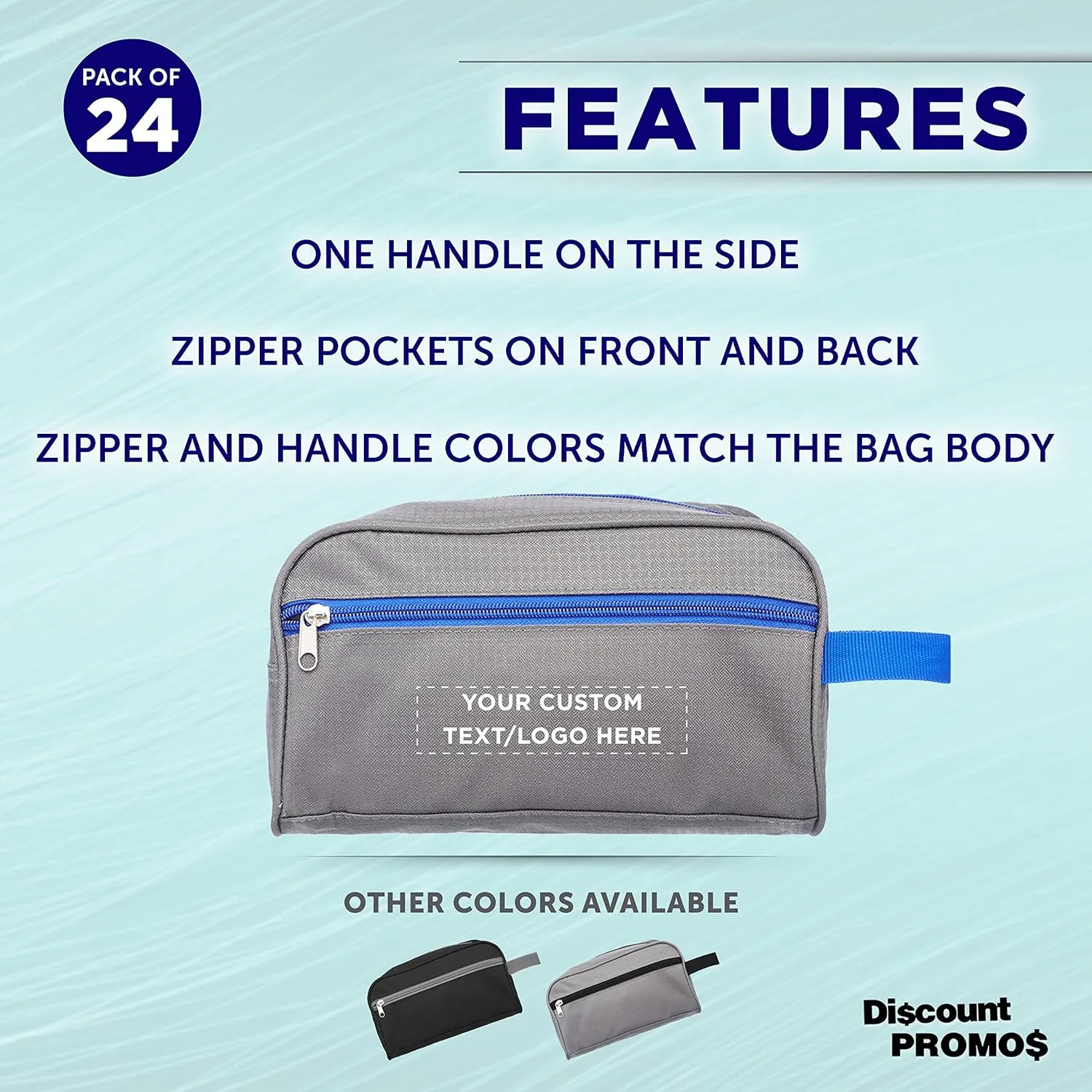 DISCOUNT PROMOS Custom Travel Two Tone Toiletry Bags with Handle Set of 24, Personalized Bulk Pack - Versatile, Bring Everywhere You Go, Perfect for Travelling or Even at Home - Gryblu - 10"X5"X5.5"