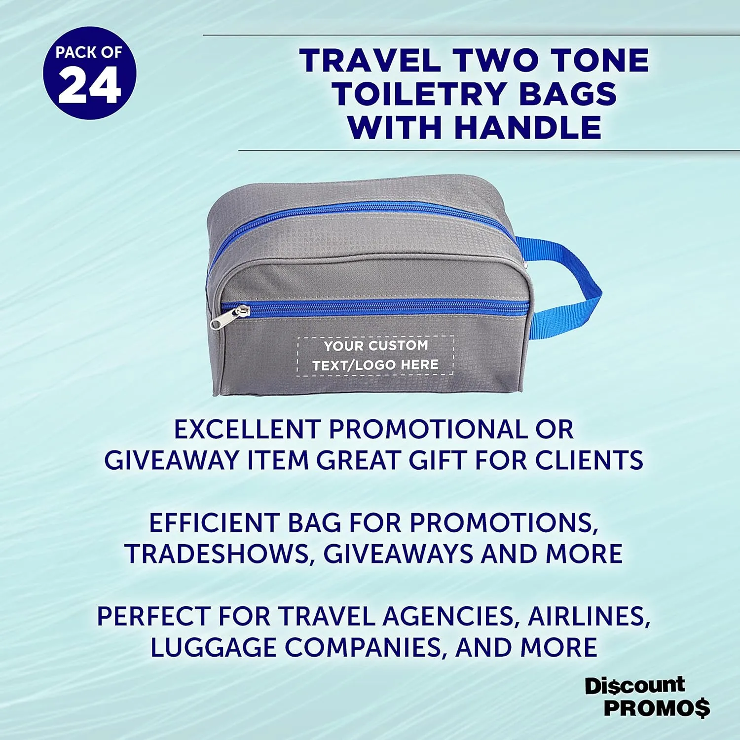 DISCOUNT PROMOS Custom Travel Two Tone Toiletry Bags with Handle Set of 24, Personalized Bulk Pack - Versatile, Bring Everywhere You Go, Perfect for Travelling or Even at Home - Gryblu - 10"X5"X5.5"