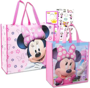 Disney Minnie Mouse Tote Bags Value Pack - 2 Reusable Large Tote Grocery Party Bags Featuring Minnie Mouse with Minnie Stickers