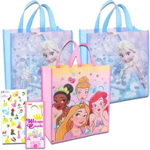 Disney Princess Tote Bag Set - Bundle of 4 Large Reusable Princess Grocery Bags with Disney Princess Stickers | Princess Party Supplies