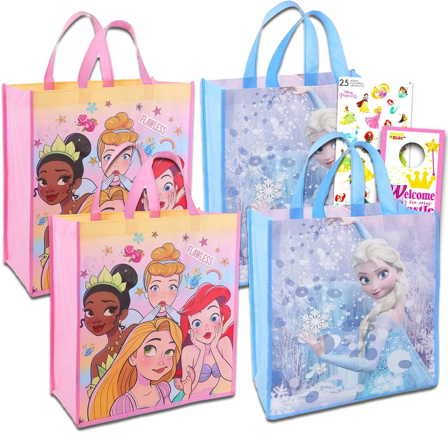 Disney Princess Tote Bag Set ~ Bundle of 5 Pc with 4 Reusable Grocery Bags, Disney Princess Stickers, and More | Princess Party Supplies and Favors