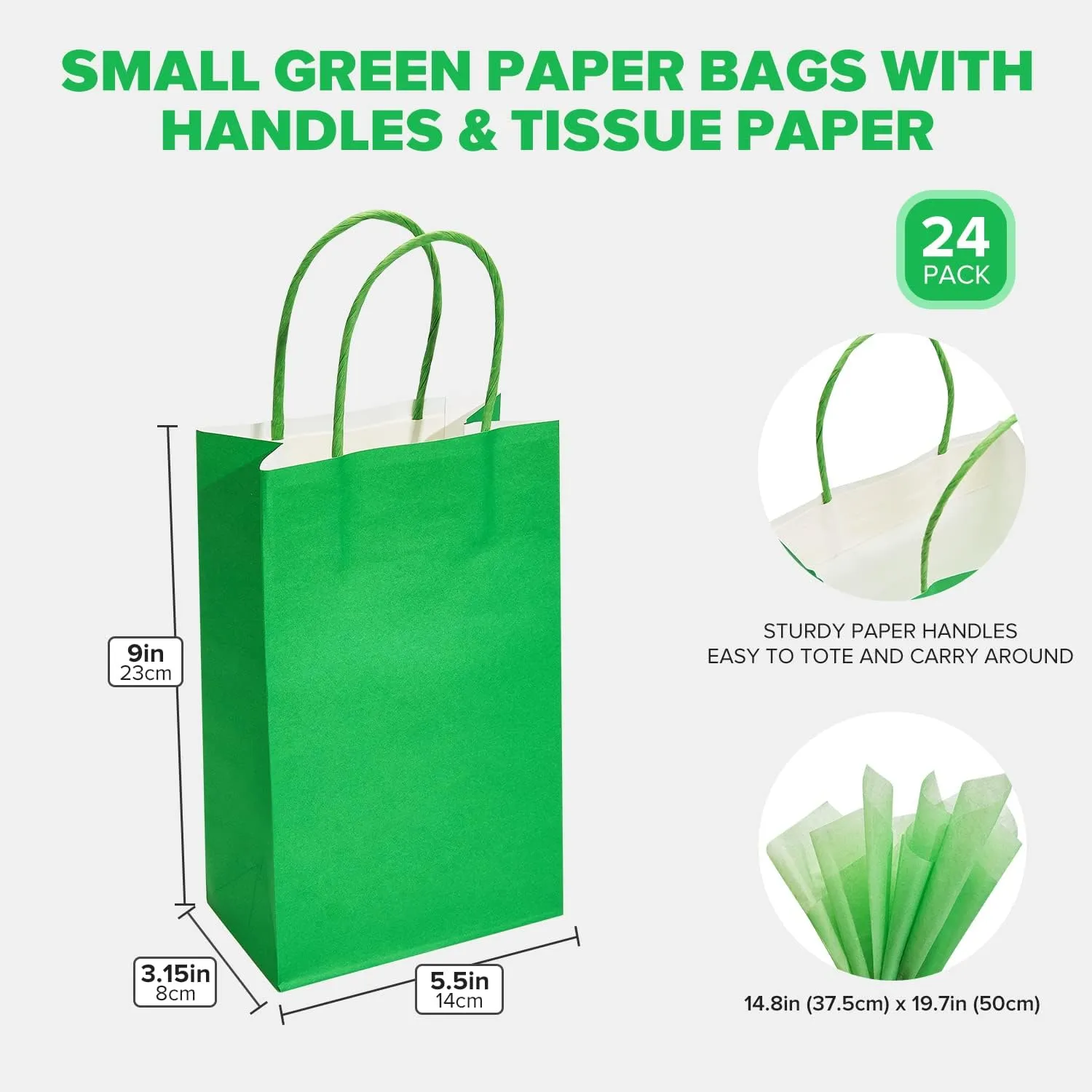 DjinnGlory 24 Pack Small Green Paper Gift Bags with Handles and Tissue Paper for Party Favors, Goodies, Small Business, Merchandises, 9x5.5x3.15 Inch