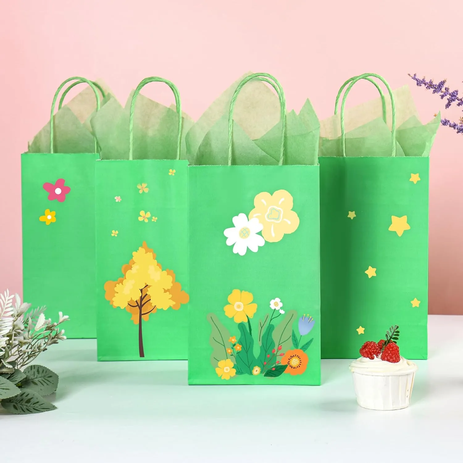 DjinnGlory 24 Pack Small Green Paper Gift Bags with Handles and Tissue Paper for Party Favors, Goodies, Small Business, Merchandises, 9x5.5x3.15 Inch
