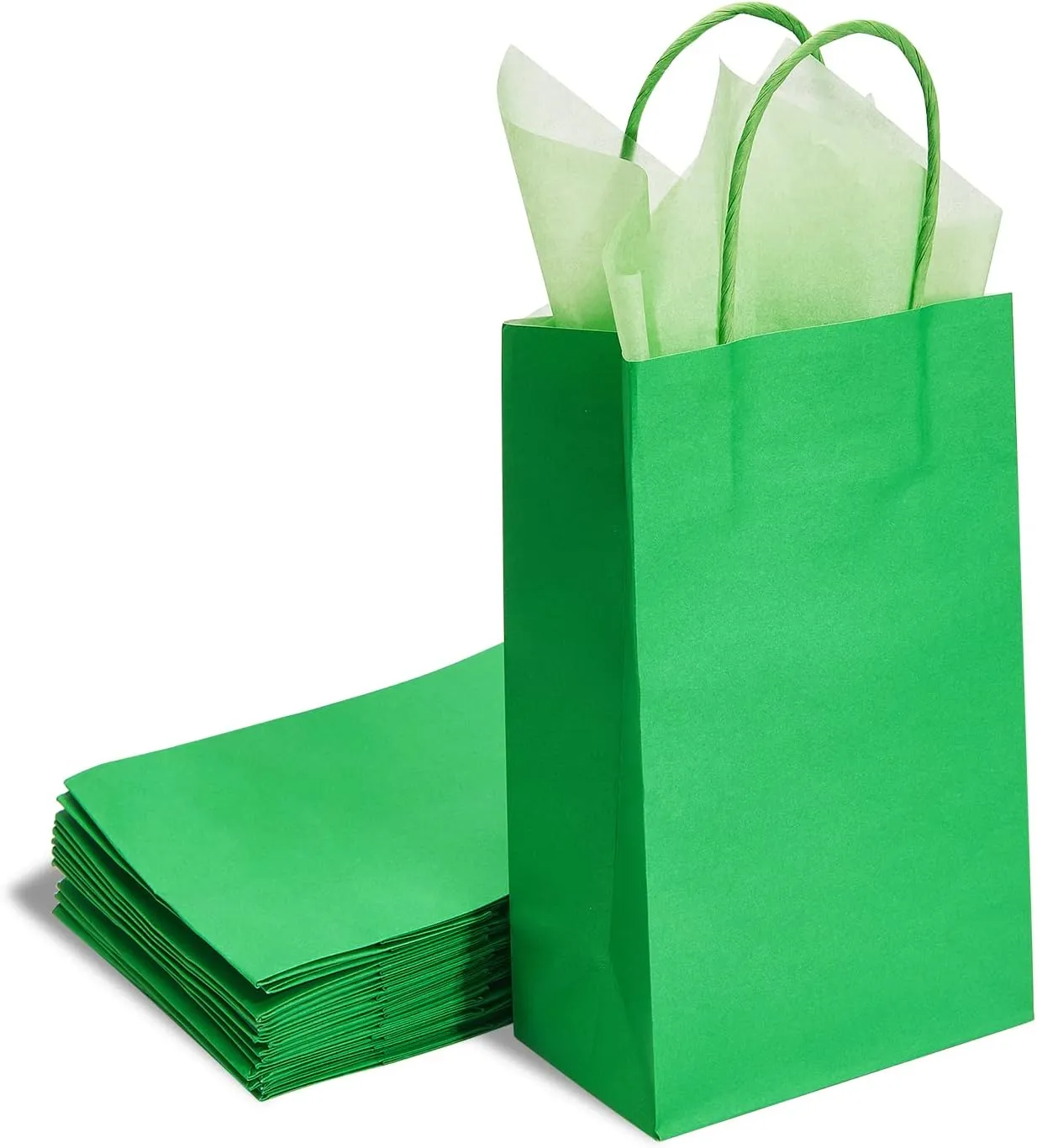 DjinnGlory 24 Pack Small Green Paper Gift Bags with Handles and Tissue Paper for Party Favors, Goodies, Small Business, Merchandises, 9x5.5x3.15 Inch