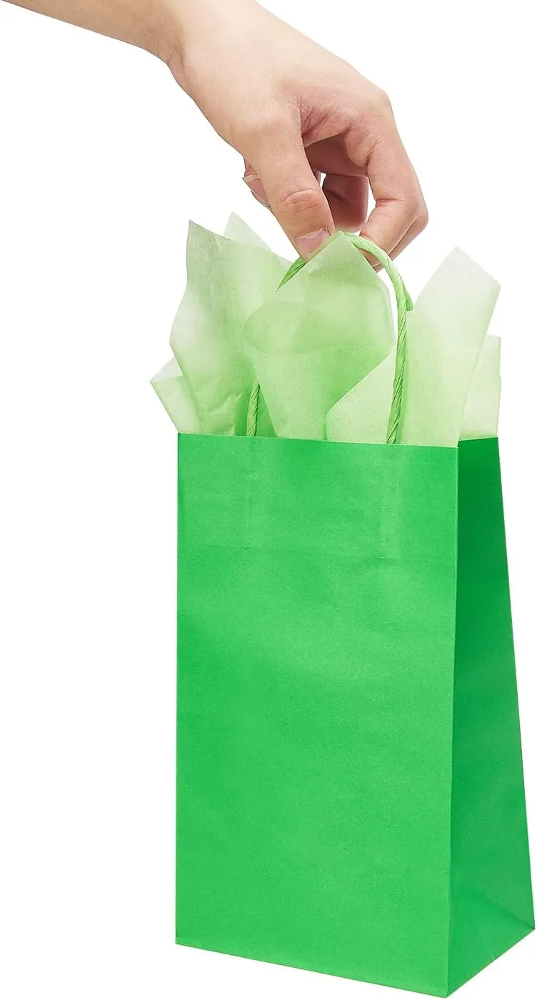 DjinnGlory 24 Pack Small Green Paper Gift Bags with Handles and Tissue Paper for Party Favors, Goodies, Small Business, Merchandises, 9x5.5x3.15 Inch