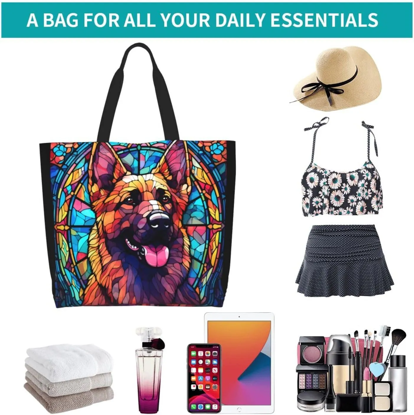 Dog Breed Glass Art Women Shoulder Handbags Reusable Large Capacity Casual Tote Bag