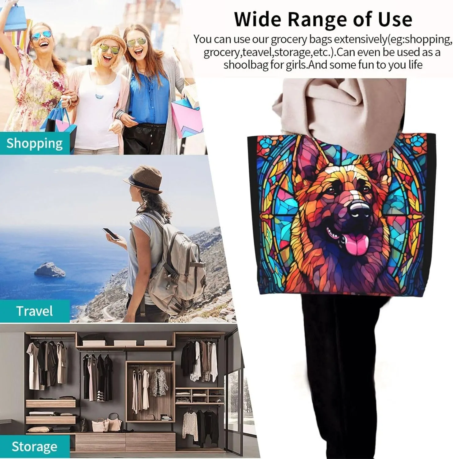 Dog Breed Glass Art Women Shoulder Handbags Reusable Large Capacity Casual Tote Bag