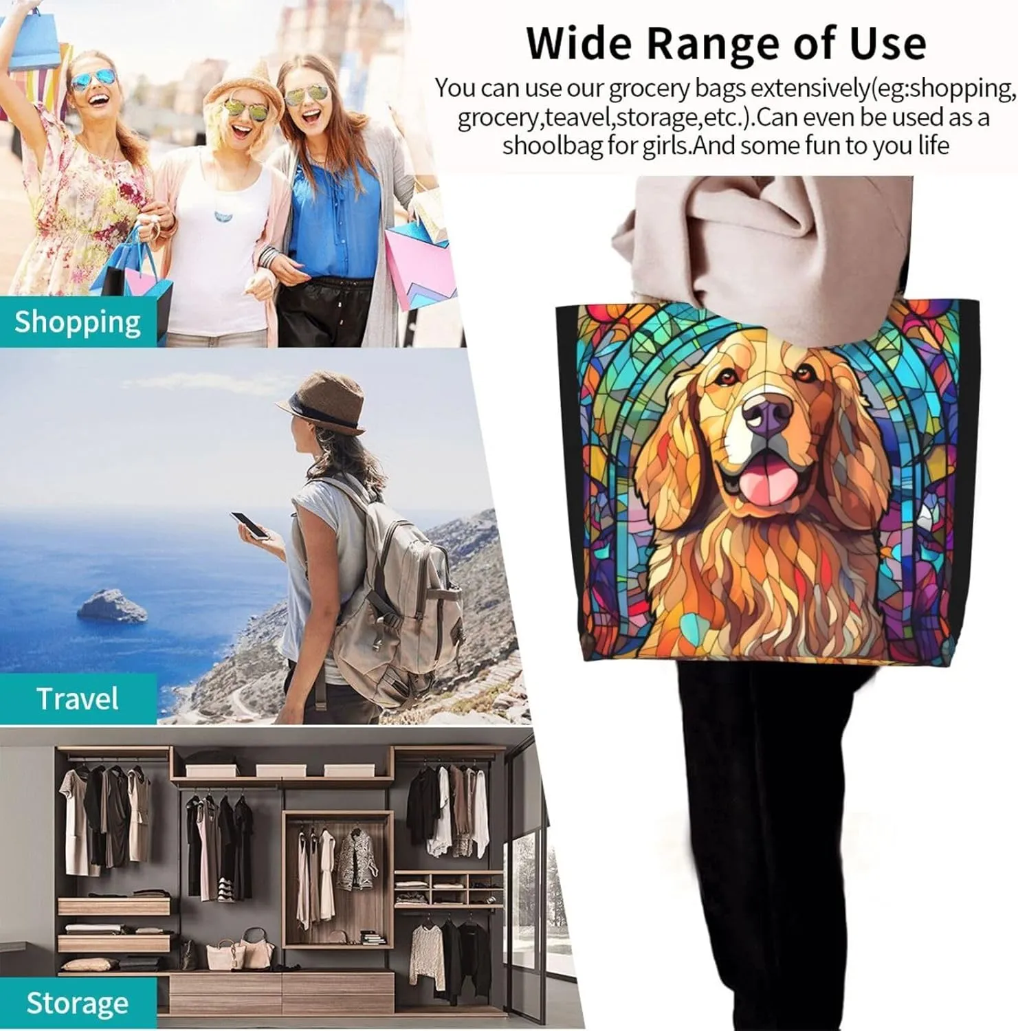 Dog Breed Glass Art Women Shoulder Handbags Reusable Large Capacity Casual Tote Bag