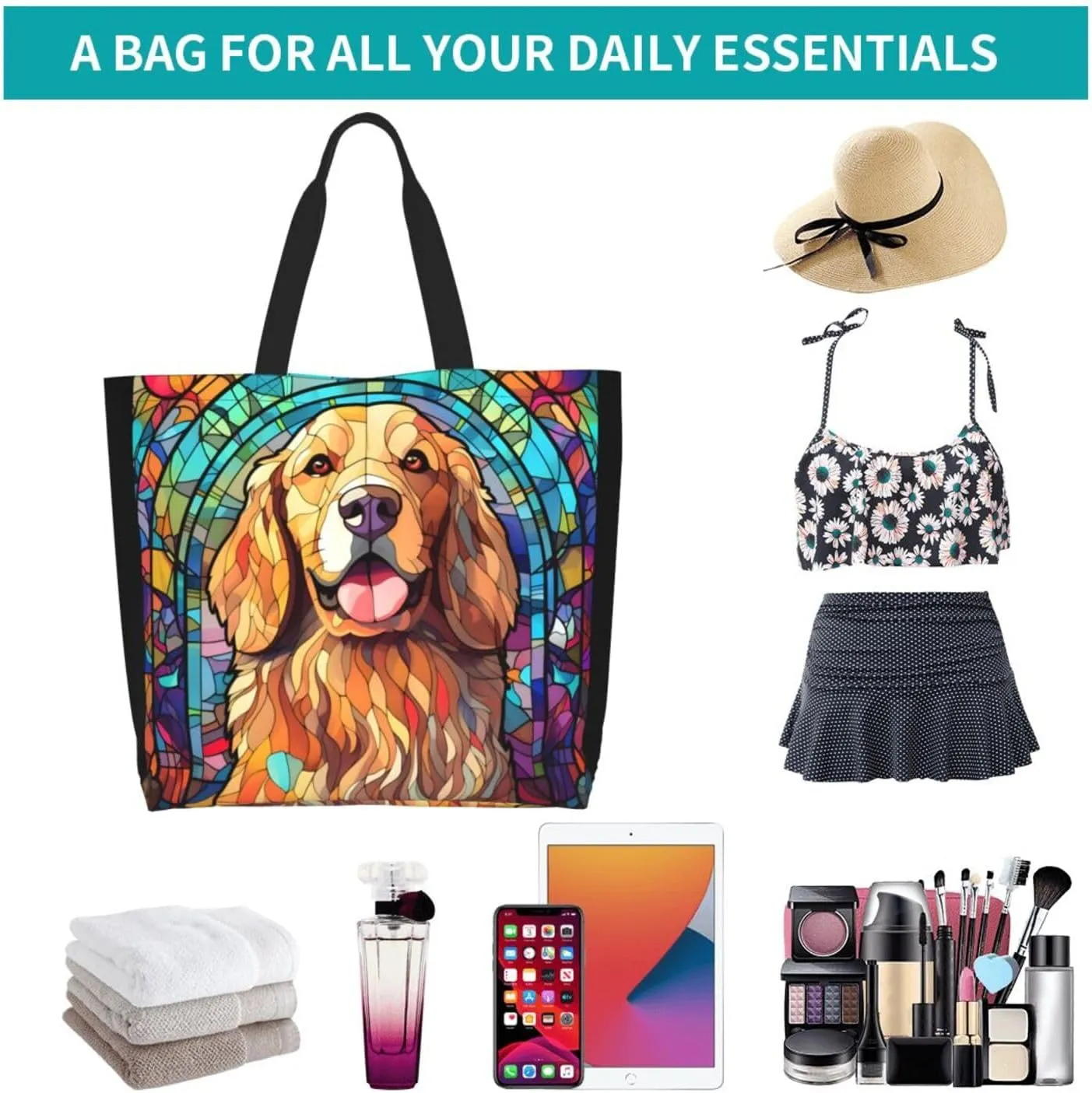 Dog Breed Glass Art Women Shoulder Handbags Reusable Large Capacity Casual Tote Bag