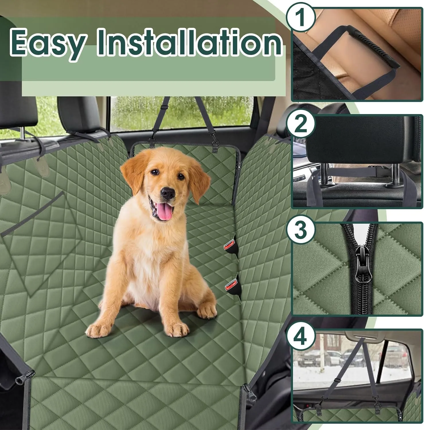 Dog Car Seat Cover, Durable Waterproof Scratch Proof Nonslip Dog Hammock, Pet Back Seat Covers with Pocket for Cars SUVs and Trucks - S, Green