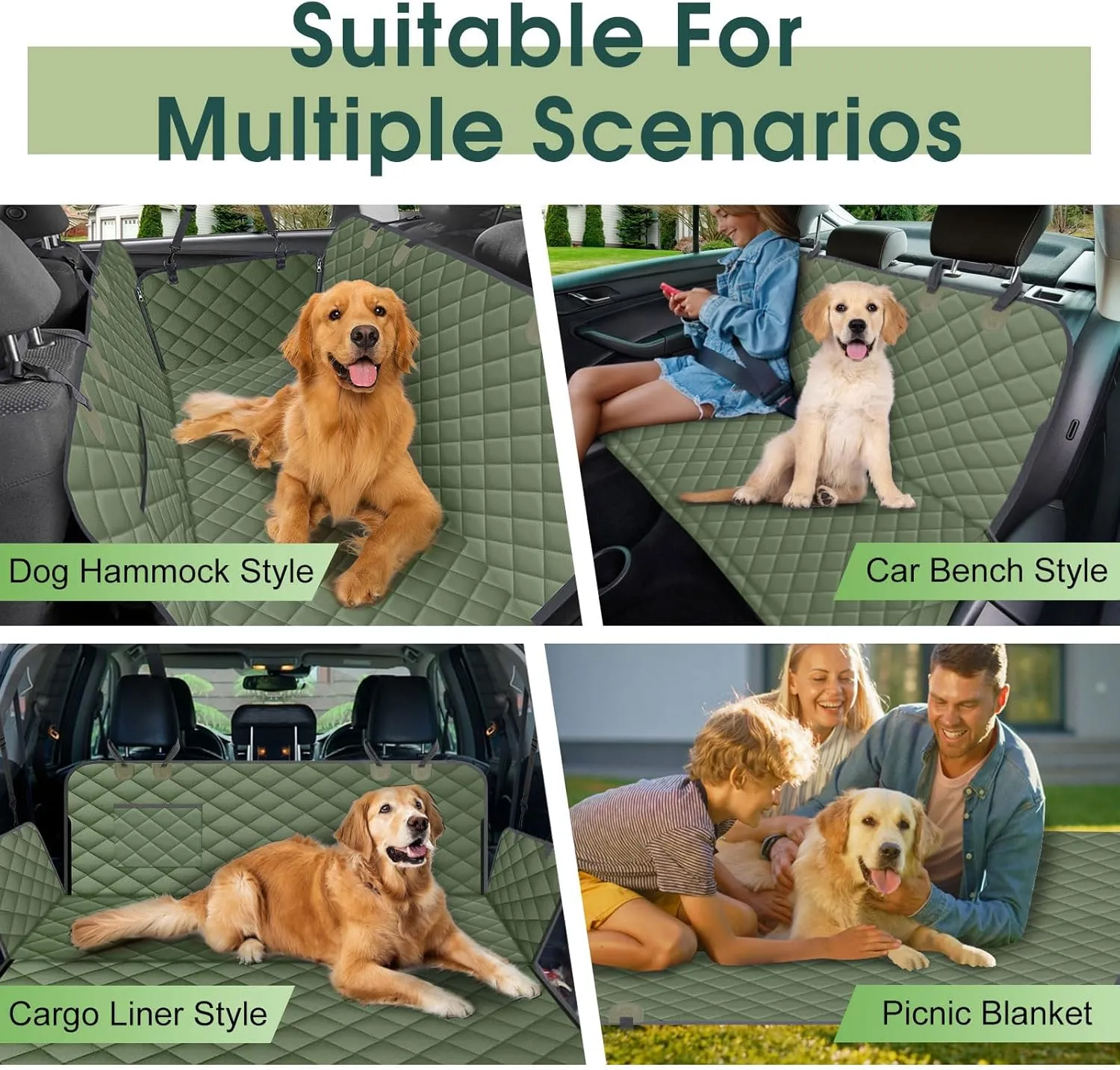 Dog Car Seat Cover, Durable Waterproof Scratch Proof Nonslip Dog Hammock, Pet Back Seat Covers with Pocket for Cars SUVs and Trucks - S, Green