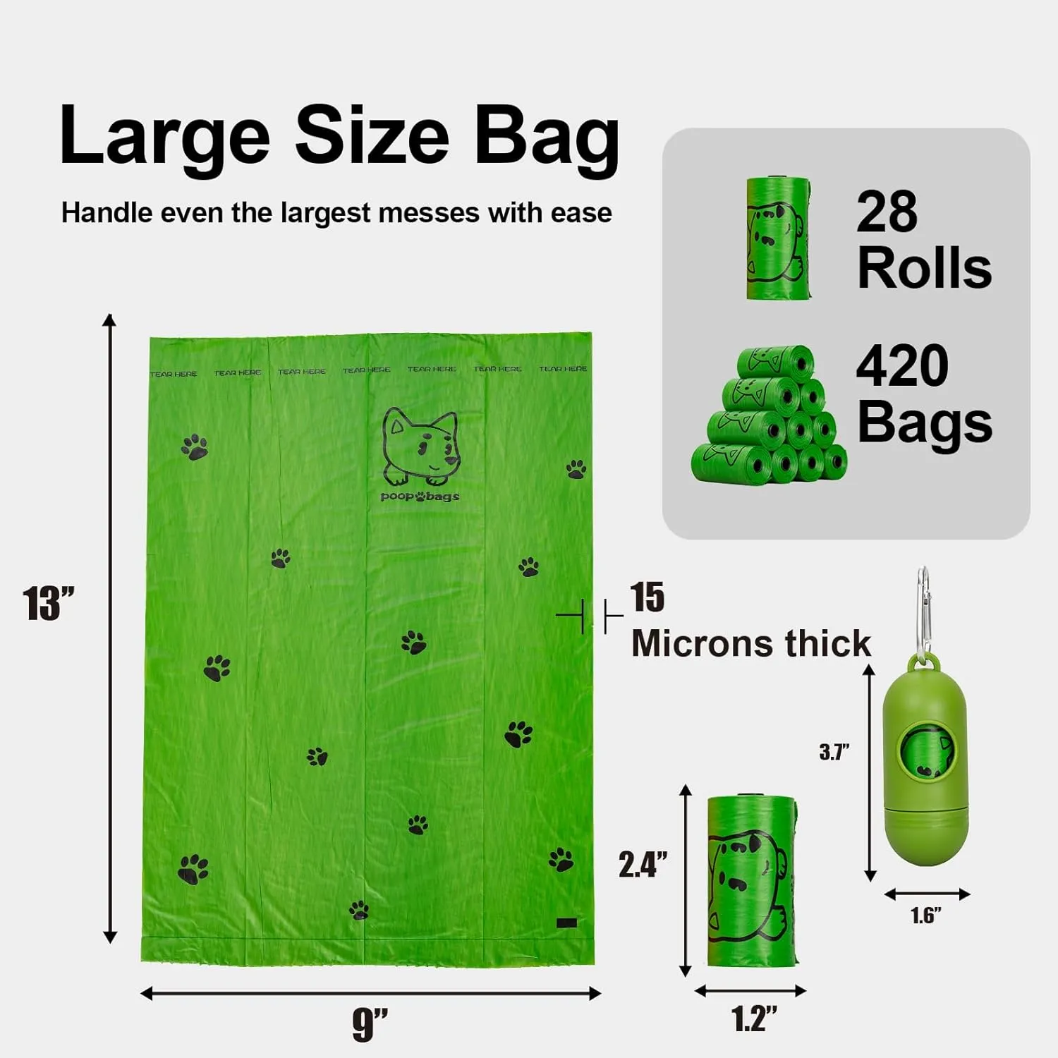 Dog Poop Bags Rolls With Dispenser, Strong and Leak-proof Waste Bags for Pets, Floral Scented, 420 Count (28 Packs of 15), 13 Inch x 9 Inch (Green)