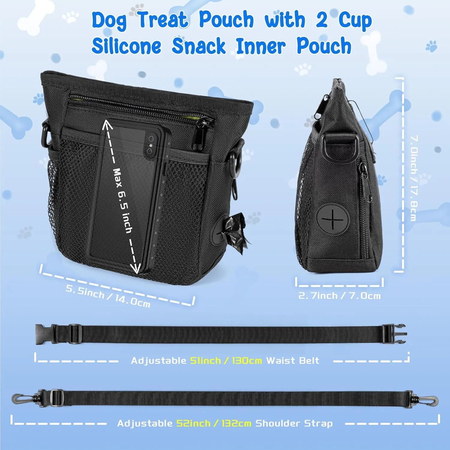 Dog Treat Pouch with 2 Silicone Snack Pouches, 2 Cup Treat Bag Dog Treat Pouches for Pet Training with Clicker, Stronger Magnetic Closure, 3 Ways to Wear Dog Walking Bag