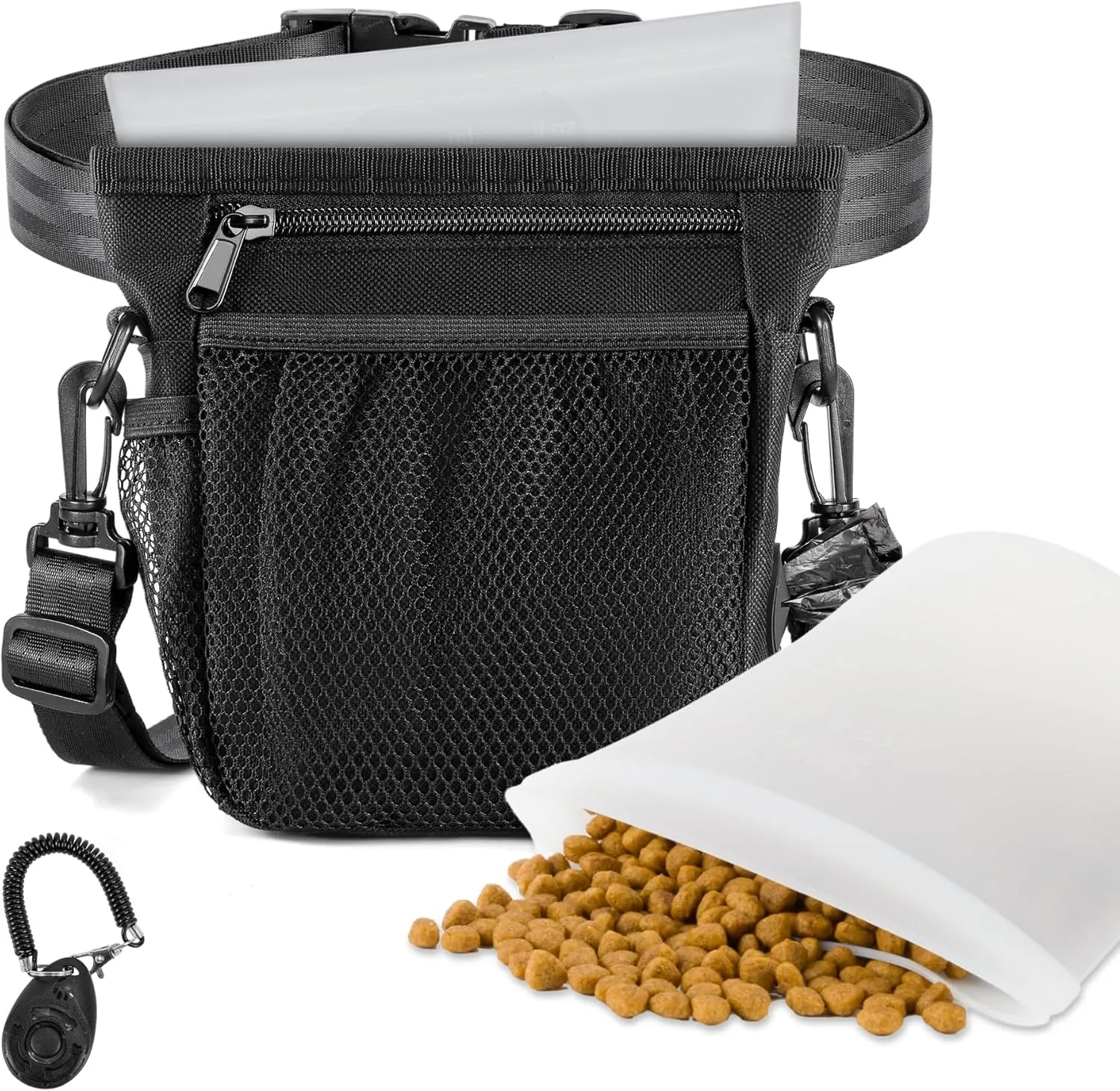 Dog Treat Pouch with 2 Silicone Snack Pouches, 2 Cup Treat Bag Dog Treat Pouches for Pet Training with Clicker, Stronger Magnetic Closure, 3 Ways to Wear Dog Walking Bag