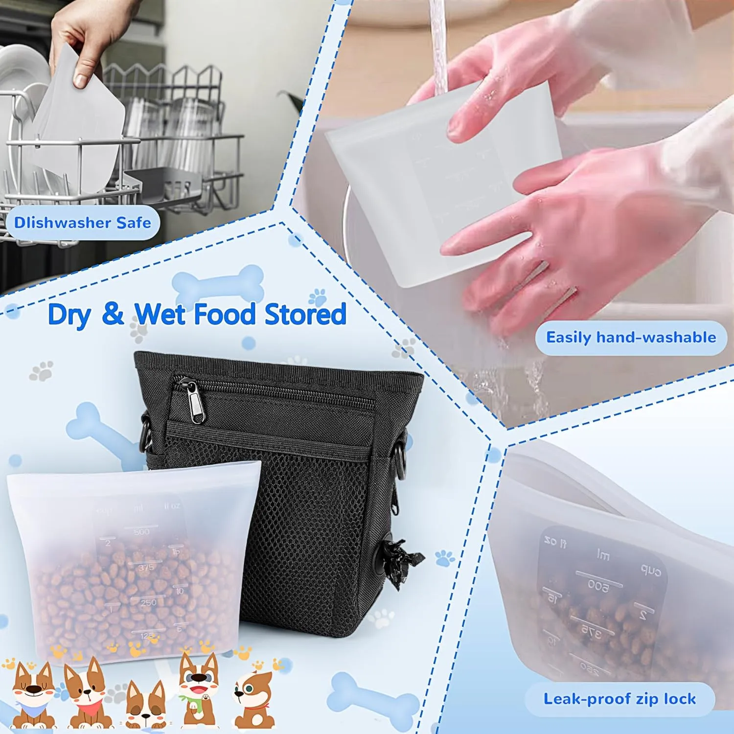 Dog Treat Pouch with 2 Silicone Snack Pouches, 2 Cup Treat Bag Dog Treat Pouches for Pet Training with Clicker, Stronger Magnetic Closure, 3 Ways to Wear Dog Walking Bag