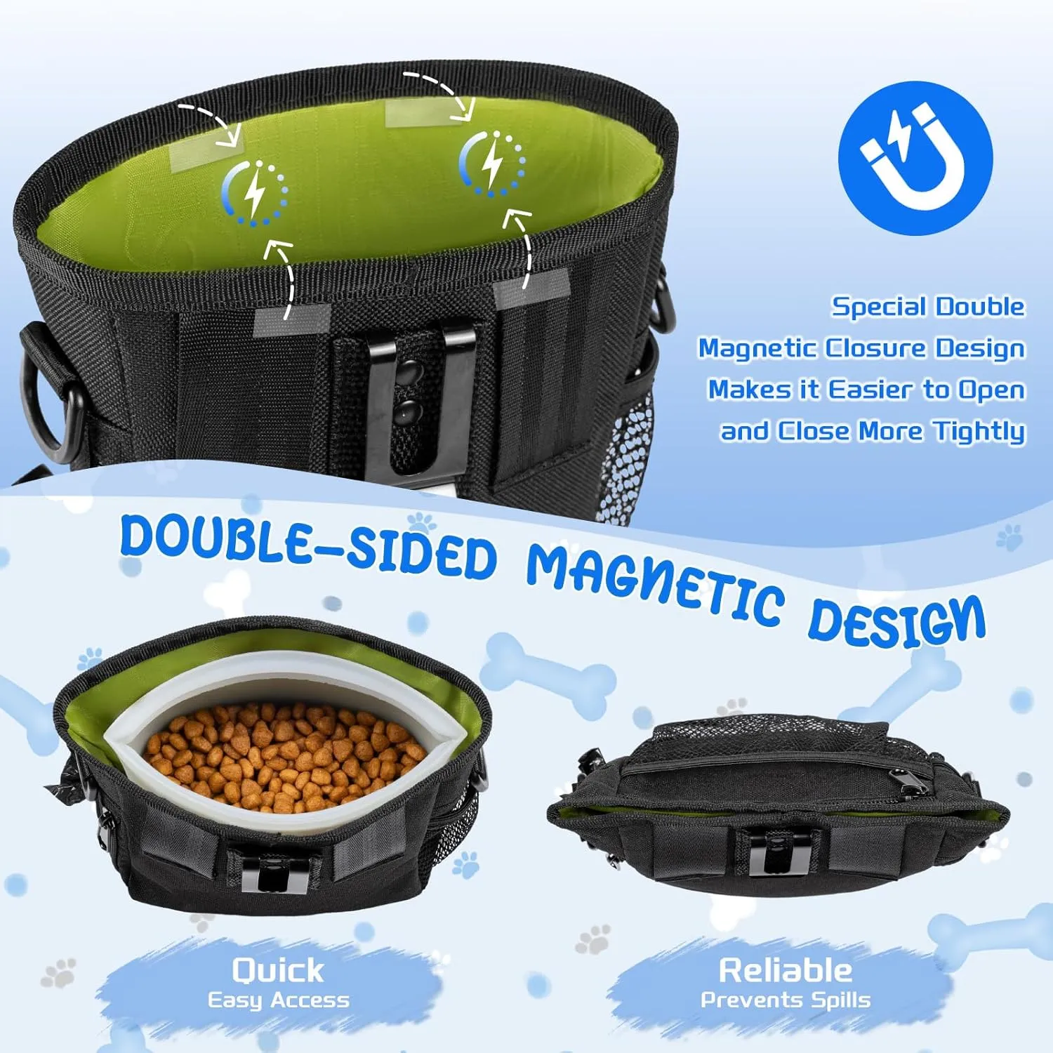 Dog Treat Pouch with 2 Silicone Snack Pouches, 2 Cup Treat Bag Dog Treat Pouches for Pet Training with Clicker, Stronger Magnetic Closure, 3 Ways to Wear Dog Walking Bag