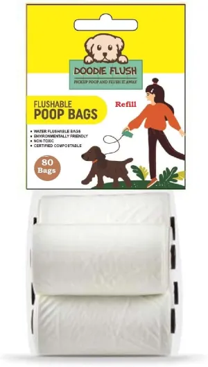 Doodie Flush Dog Poop Bag - Refill – 80 Biodegradable Dog Waste Bags on Rolls - Dissolves in Water Refill Pack – 100% Eco Friendly, Flushable, Ultra Thick, Compostable Doggie Bags