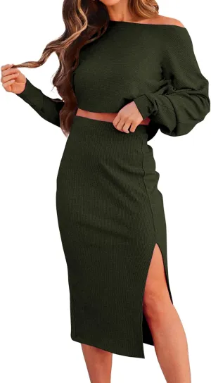 dowerme Women's 2 Piece Outfits 2025 Spring Long Sleeve Boat Neck Tops High Slit Bodycon Midi Ribbed Knit Skirt Sets