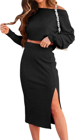 dowerme Women's 2 Piece Outfits 2025 Spring Long Sleeve Boat Neck Tops High Slit Bodycon Midi Ribbed Knit Skirt Sets