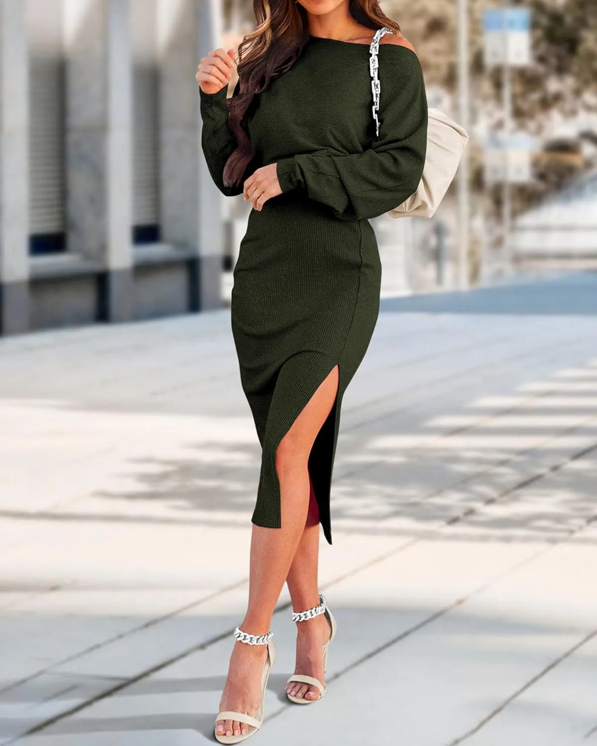 dowerme Women's 2 Piece Outfits 2025 Spring Long Sleeve Boat Neck Tops High Slit Bodycon Midi Ribbed Knit Skirt Sets