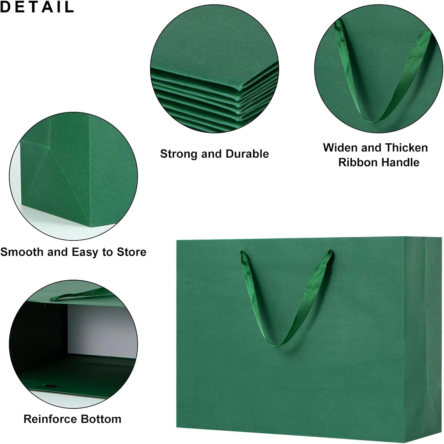 driew Large Green Gift Bags, 12 Pack Extra Large Dark Deep Green Gift Bag Ribbon Handles Heavy Duty Paper Gift Bags 15.8x5.9x12 inches Party Gift Bags for Shopping, Pakcing,Retail